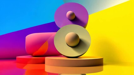Aufkleber - Colorful geometric shapes move and change on pedestals in a vibrant room.