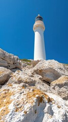 Aufkleber - Tall white lighthouse on rocky terrain under a clear blue sky during daylight