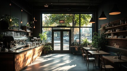Poster - Interior view of a cafe with large windows and a view of the street Trees and sunlight stream through the glass creating a warm inviting atmosphere