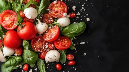Poster - Fresh tomato mozzarella salad with basil and seasoning against dark background. Appetizing and delicious. Food photography