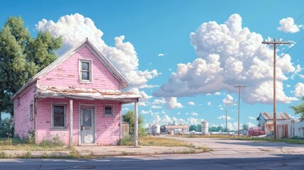 Poster - Generic house in a rural landscape with cloudy sky and street view
