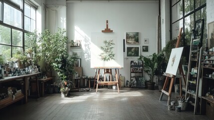Aufkleber - Art studio interior with natural light easel paintings art supplies and plants creates a creative and inspiring atmosphere