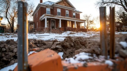Aufkleber - Sun setting behind snow covered historic house with red brick and white porch through construction site