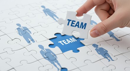 Poster - Hand Completing White Jigsaw Puzzle with Team Piece for Business Success