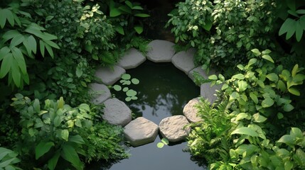 Leinwandbilder - Overhead view of a tranquil small pond with stepping stones, surrounded by lush green foliage with water lilies creating a serene natural environment