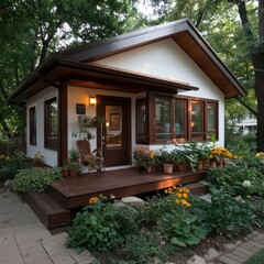 Poster - Small cottage with brown trim and wooden deck surrounded by lush garden and trees golden hour warm light creates inviting atmosphere