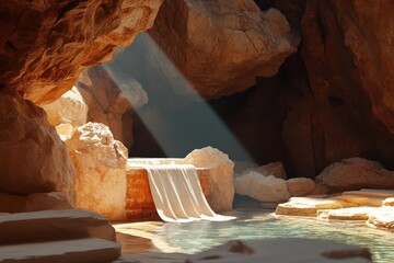 Poster - Sunlight streams into a cavern illuminating a small waterfall and pool of water amidst textured rocks creating a serene and mysterious atmosphere