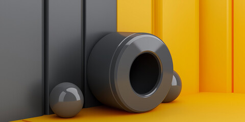 Leinwandbilder - Gray cylinder and spheres creating abstract composition on yellow and gray background