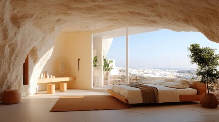 Poster - Interior bedroom scene with cave-like architecture featuring a bed, rug, small wooden stools and a view of a cityscape and ocean in daylight