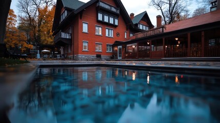 Poster - Reflective pool in front of a red brick building Autumn trees and overcast sky give a tranquil atmosphere. The architectural design displays classic elements