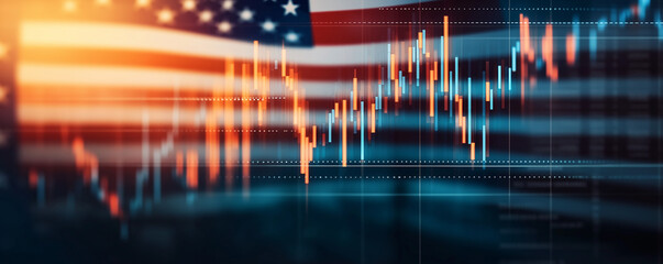 Poster - American flag overlapping financial market chart showing economic trends