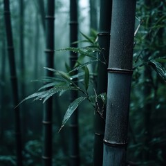 Leinwandbilder - Close up of bamboo stalks in a foggy forest wet leaves and moody lighting creating a serene natural scene. The scene captures the essence of a tranquil outdoor environment. 