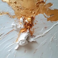Poster - Abstract textured art with gold and white acrylic paint on a light gray surface. The artwork features layered textures and dynamic flow