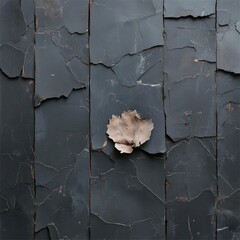 Aufkleber - Close up of aged black wooden planks with a distressed texture and a single dry leaf adding a contrast in tones and form