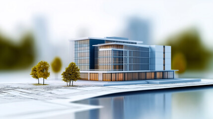 Poster - Modern office building model standing on architectural plans with miniature trees