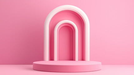Poster - Pink and white archways framing empty podium on pink background