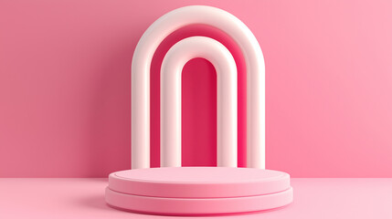 Poster - Pink and white arch over round podium creating modern product display