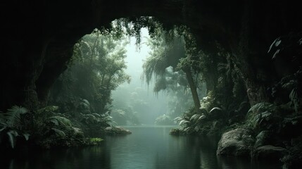 Aufkleber - Lush green foliage frames a tranquil water body inside a shadowed cave bathed in ethereal light. The scene exudes serenity and a touch of mystery