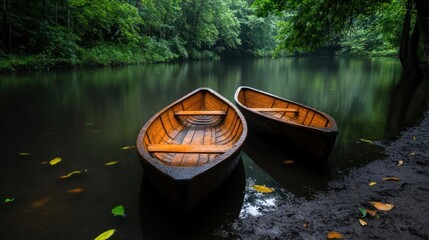 Poster - Two wooden boats rest on a calm river surrounded by lush green foliage. The boats are a warm brown and contrasted with the dark water and forest. A tranquil scene