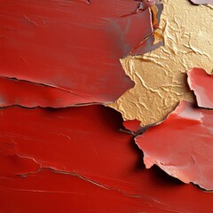Poster - Close up view of peeling red paint revealing golden metallic layer texture rough surface abstract background