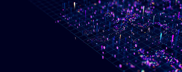 Poster - Macro of quantum computing technology. Digital patterns of big data. Microworld of LLM AI learning process. Nano technology presentation. 