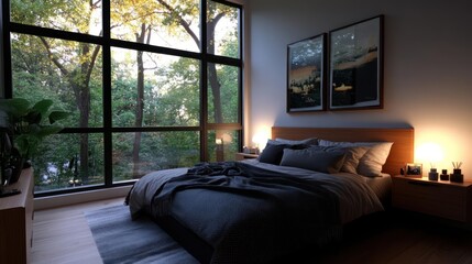 Aufkleber - Cozy bedroom interior with a large window overlooking lush greenery wooden bed frame bedside tables and artistic wall decor creating a serene ambiance