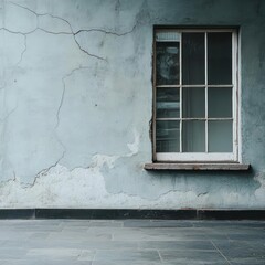 Leinwandbilder - Weathered blue wall with white framed window and cracked paint texture with interior glimpse and exterior view