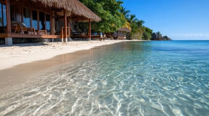 Poster - Tropical beach scene with clear turquoise water thatched roof structures and lush green foliage under a bright sunny sky