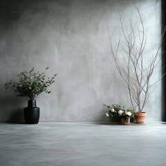 Aufkleber - Interior scene of a room with gray walls and concrete floor featuring potted plants of different sizes and a window. Atmospheric lighting creates a tranquil feel