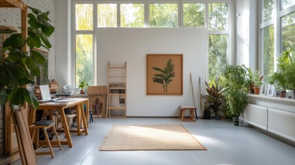 Poster - Bright Art Studio Interior with Large Windows Green Plants Wooden Furniture Artwork Rug and Natural Light. A creative workspace for inspiration and productivity