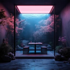 Poster - Enclosed garden scene featuring a table and stools framed by a glass structure under pink and blue illumination with cherry blossom trees