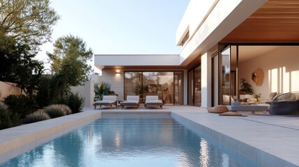 Poster - Exterior of modern villa with swimming pool and lounge chairs surrounded by lush greenery and contemporary design elements. The scene is bathed in natural light