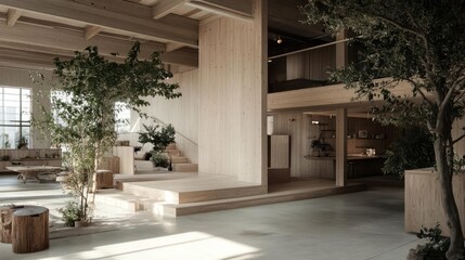 Poster - Spacious two-story interior with natural light wooden walls and staircases indoor trees and plants open space design concrete floor and modern architectural elements