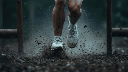 Poster - Close up of legs and feet running with dirt and mud splashing from the trail wearing white sneakers. Focus is on action and movement with motion blur