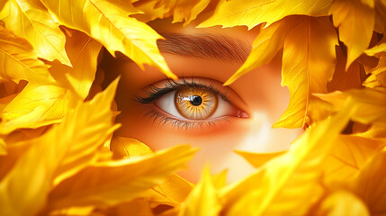 Wall Mural - a striking yellow-hued eye stands out amidst a frame of lush autumn leaves, showcasing the beauty of