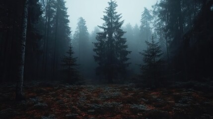 Fototapete - Generic Forest Scene with Foggy Atmosphere and Tall Trees