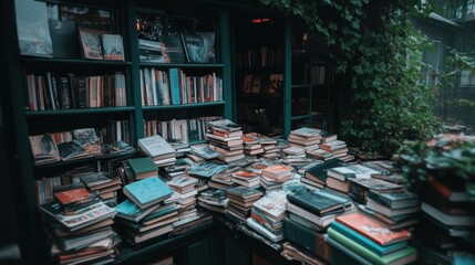 Poster - Stacks of books in an old bookshop. Bookshelves and piles of books are on the ground, with natural green foliage in the background. The scene is slightly blurred and has a vintage atmosphere