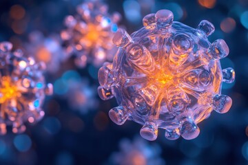 Leinwandbilder - Detailed 3D rendering of adeno-associated virus showcasing semi-transparent capsid and glowing biofluid in cinematic macro view