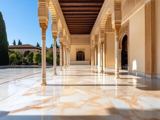 Poster - Architectural corridor with detailed carvings and marble floor reflecting sunlight in historical building