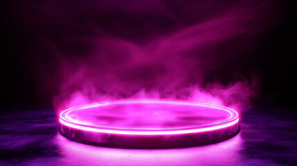Poster - 3d tech hologram podium or light portal platform. Pink neon game stage. Hud futuristic teleport with fantasy glow effect. Cyber casino design with round base element to display product
