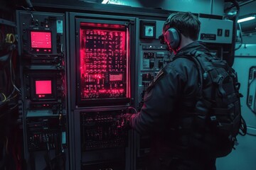 Poster - A person in tactical gear operates a glowing red electronic control panel in a dimly lit room illuminated by artificial light. The panel includes multiple screens and gauges