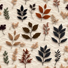 Poster - Seamless pattern with various leaves in fall colors scattered over a textured cream background
