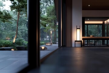 Poster - Interior view with large window looking into a lush green garden with trees and a stone pathway and an indoor lamp