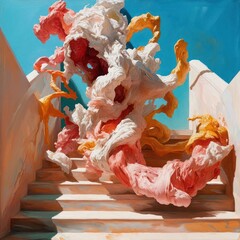 Aufkleber - Abstract art piece depicting a colorful sculpture on a staircase with a blue background. The sculpture features textures of white pink and orange hues. Staircase architecture with bright sunlight
