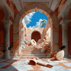 Poster - Architectural ruin with arched stone doorways stairs and columns revealing a bright sky with clouds and a palm tree inside a courtyard setting
