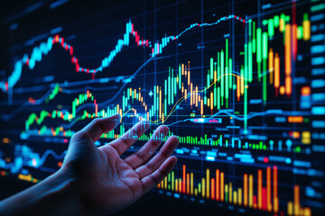 Poster - Hand reaching towards financial stock market data with glowing graphs and charts.