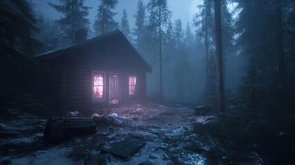 Aufkleber - Wooden cabin nestled within a snow covered forest scene with a tranquil night time atmospheric glow of the windows and the surrounding forest, enhanced by soft lighting and the presence of snow fall