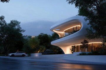 Poster - Modern white architectural residence with curved design surrounded by trees at twilight. Includes car parked in front. Illuminated interior visible