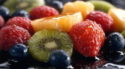 Poster - Close up of assorted fresh fruits with vibrant colors showcasing kiwi raspberry strawberry and blueberries fruit salad concept