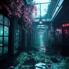 Aufkleber - A long dark hallway scene features pink flowering plants in a mysterious urban setting with teal lighting a moody atmosphere